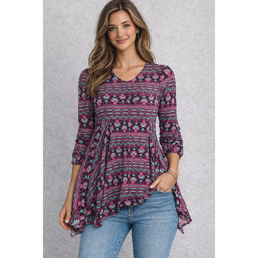 Wrangler Aztec Western Tunic Top XXL (Fits Med) Pink Teal Hanky Hem Long Sleeve
